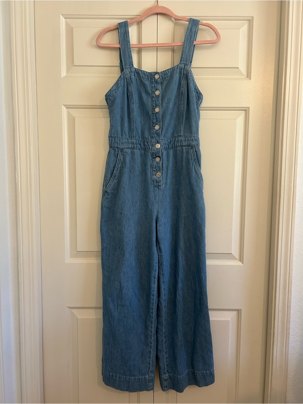 &Denim H&M Women’s Button-Front Wide Leg Jumpsuit Overalls Light Blue, XS